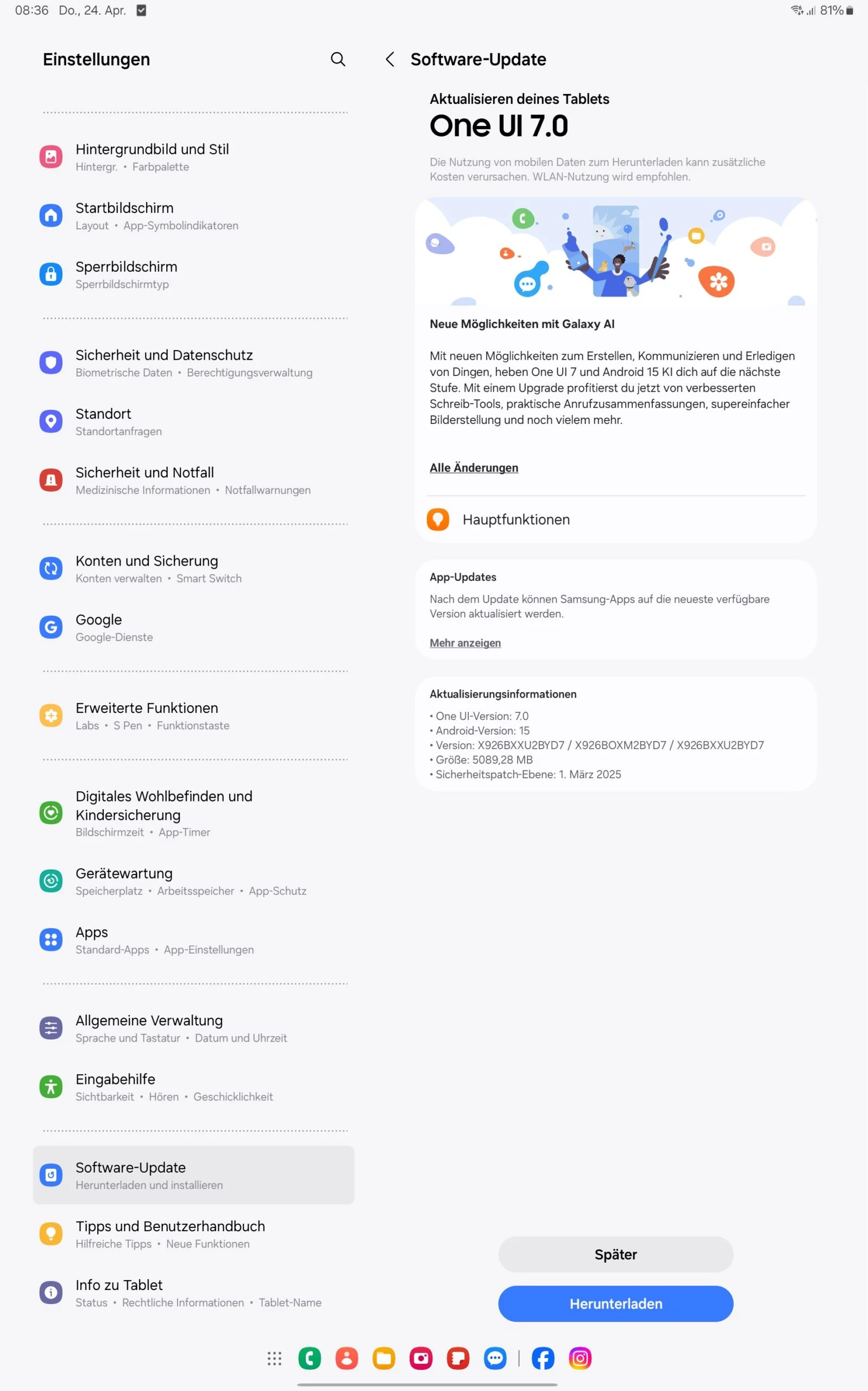Screenshot dell'aggiornamento One UI 7.0 per il Galaxy Tab S10 Ultra