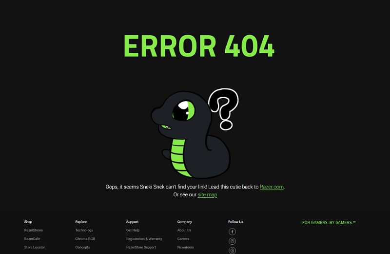 Screenshot del messaggio di errore 404 Screenshot del messaggio di errore 404 sul sito Razer