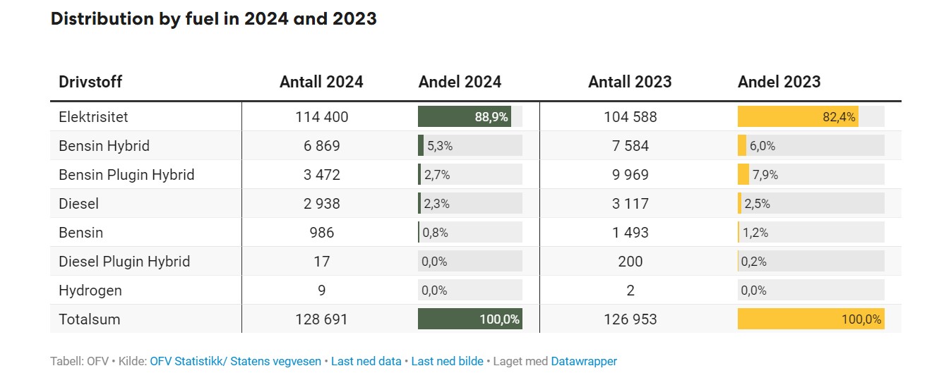 Distribuzione per tipo di carburante nel 2024 e nel 2023. Schermata. Illustrazione: OFV