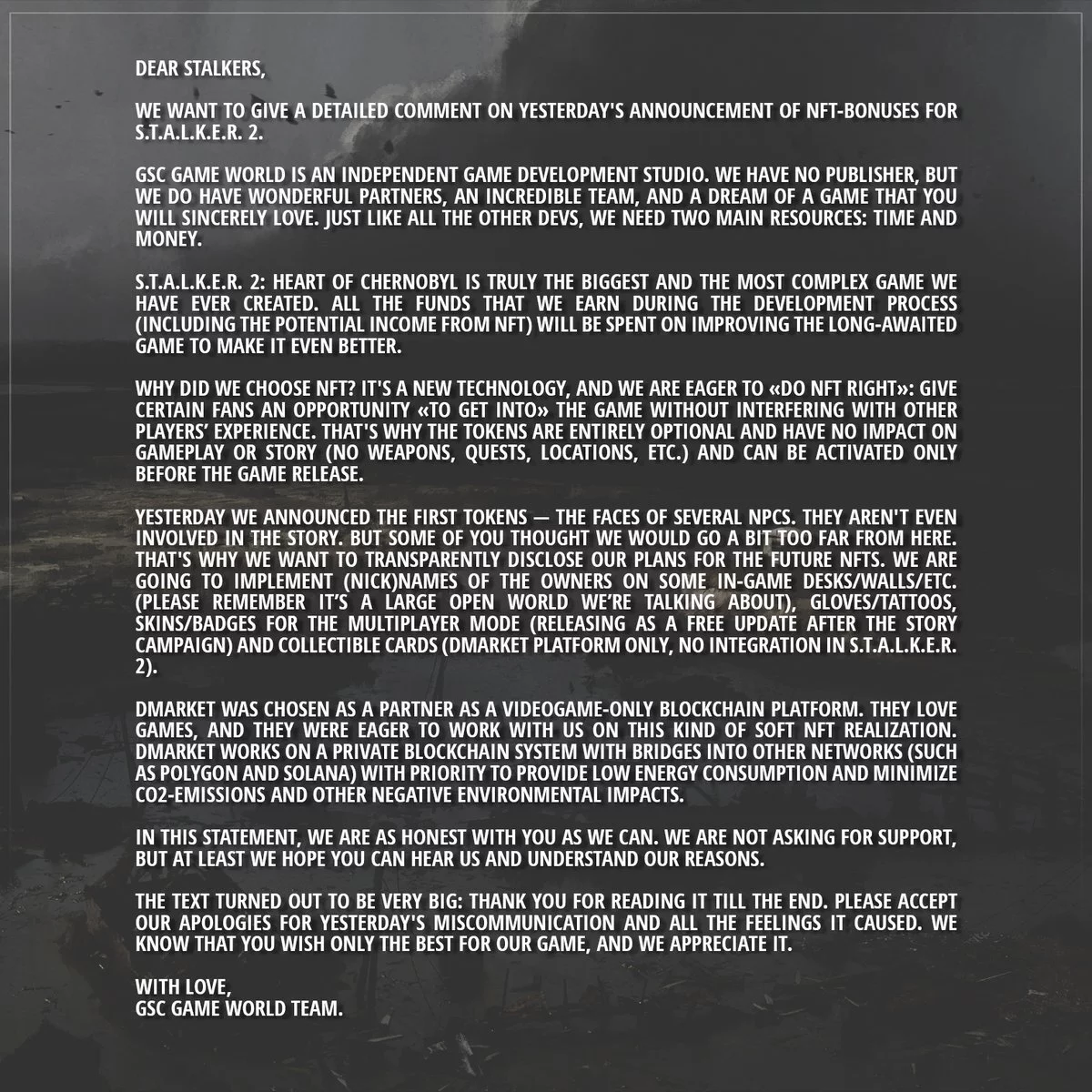 Sviluppatori S.T.A.L.K.E.R. 2: Heart of Chernobyl ha abbandonato l'idea di introdurre NFT a causa dell'indignazione dei giocatori