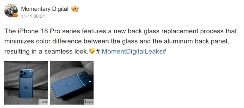 Traduzione automatica del messaggio di Instant Digital su Weibo riguardo il design di iPhone 18 Pro
