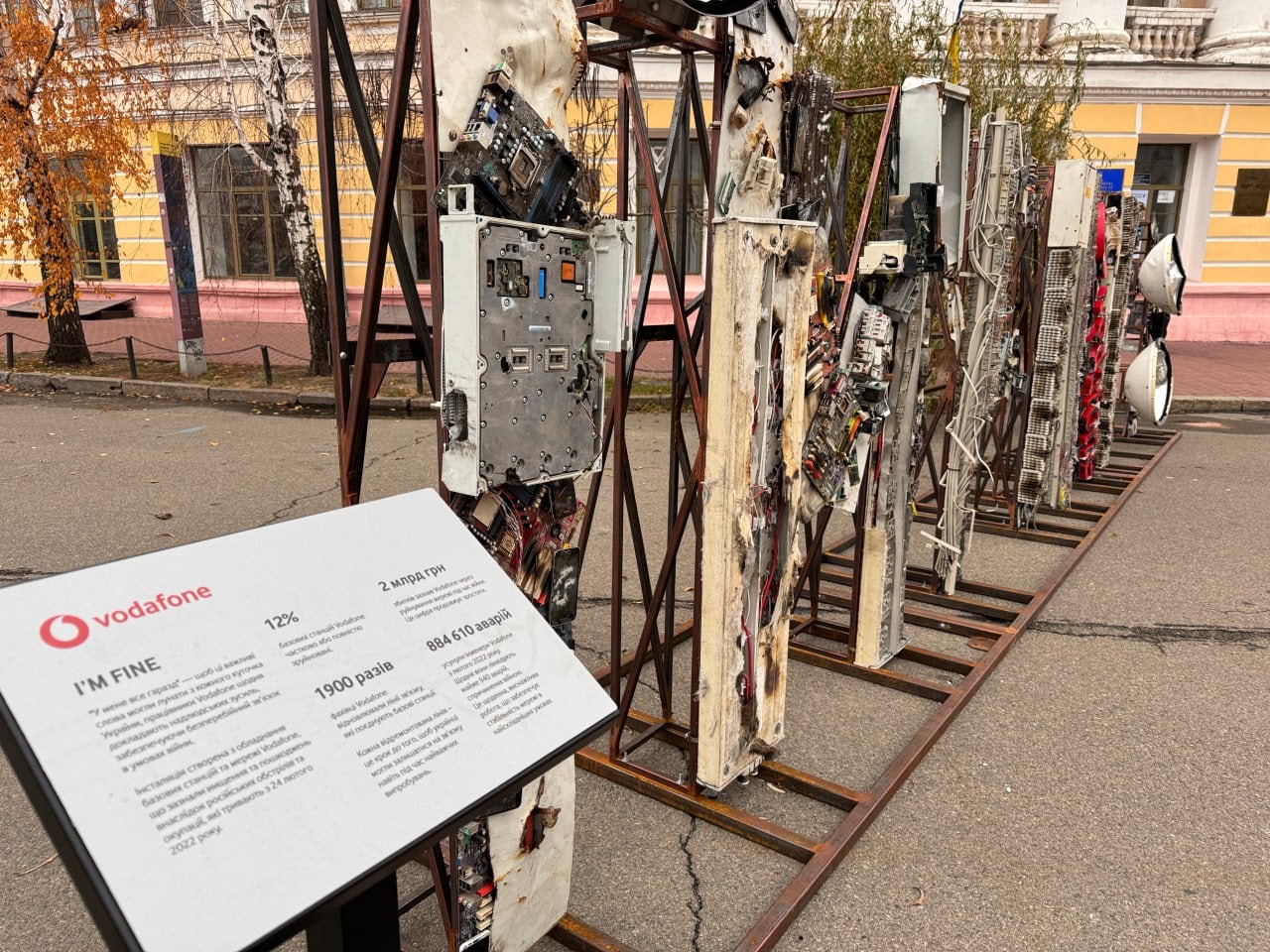 Installazione "I'm fine" realizzata con apparecchiature di telecomunicazione Installazione "Sto bene" realizzata con apparecchiature di telecomunicazione in piazza Kontraktova a Kiev
