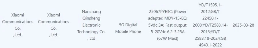 Certificazione Xiaomi Civi 5 Pro 3C Certificazione Xiaomi Civi 5 Pro 3C