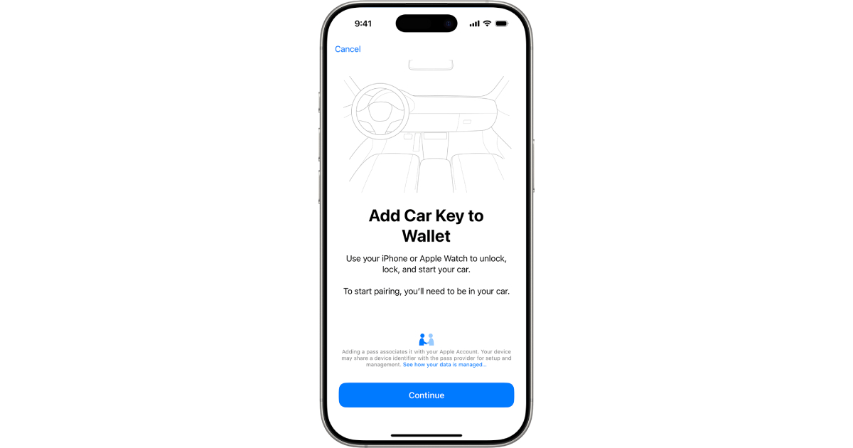 iPhone 16 Pro con istruzioni per aggiungere Car Key al Wallet