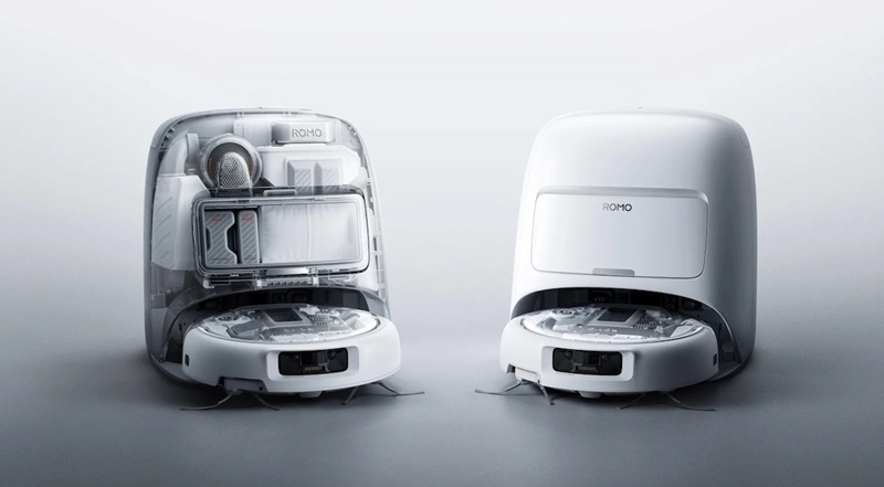 Aspirapolvere robot della serie DJI ROMO con design futuristico