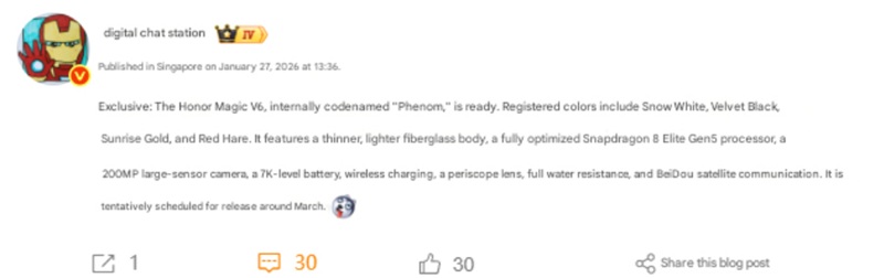 Data di rilascio Honor Magic V6