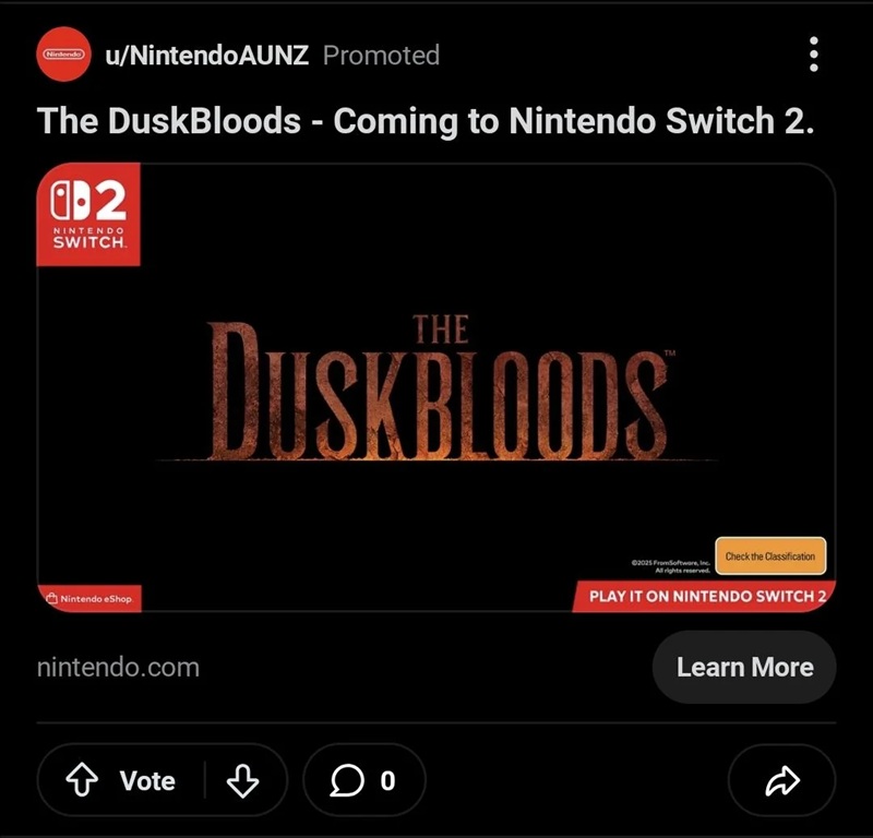 Banner promozionale di I Duskbloods su Reddit