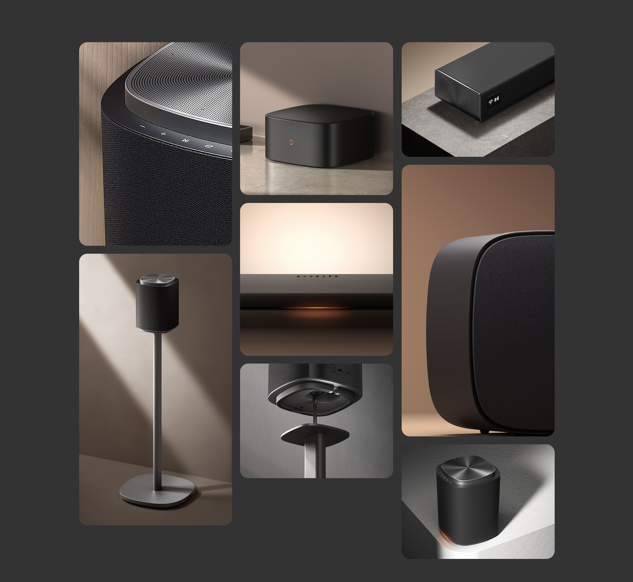 Collage con rendering del sistema audio domestico modulare LG Sound Suite.