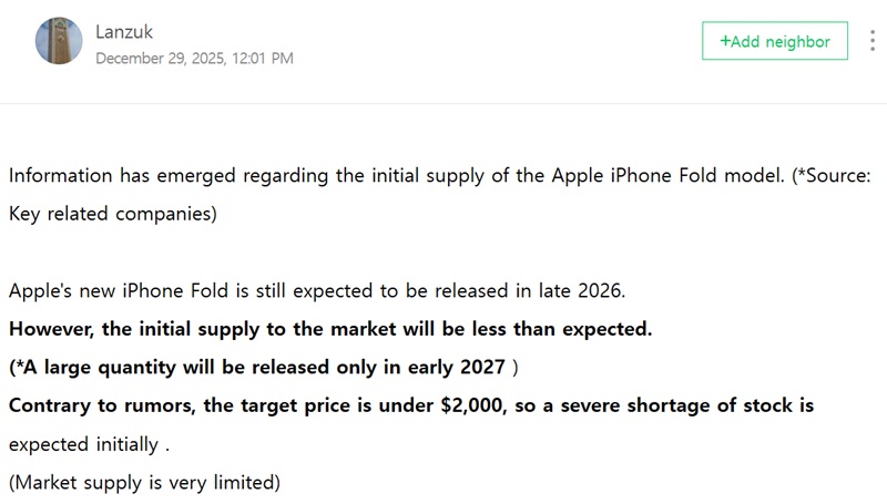 Traduzione automatica del messaggio yeux1122 sul prezzo dell'iPhone Fold