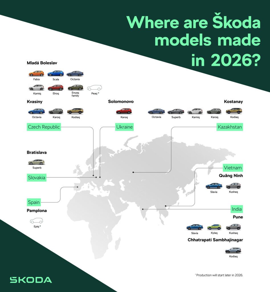 Mappa della produzione di auto Škoda nel 2025